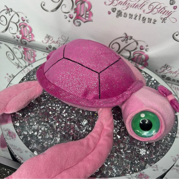Big eyed pink sea turtle sparkly adorable bow tie on head plush  stuffed toy - Picture 8 of 14
